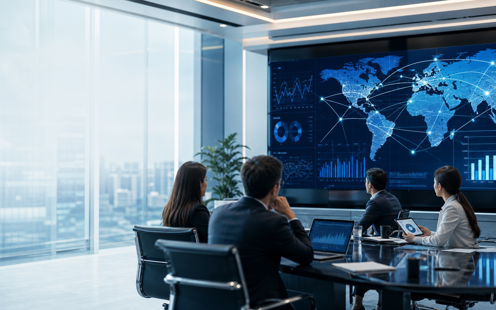 Business technology strategy room with global commerce dashboards
